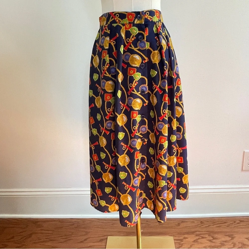 Vintage 90s Chaus Petites Skirt 12P Nautical Scarf Print Preppy Old Money Midi
